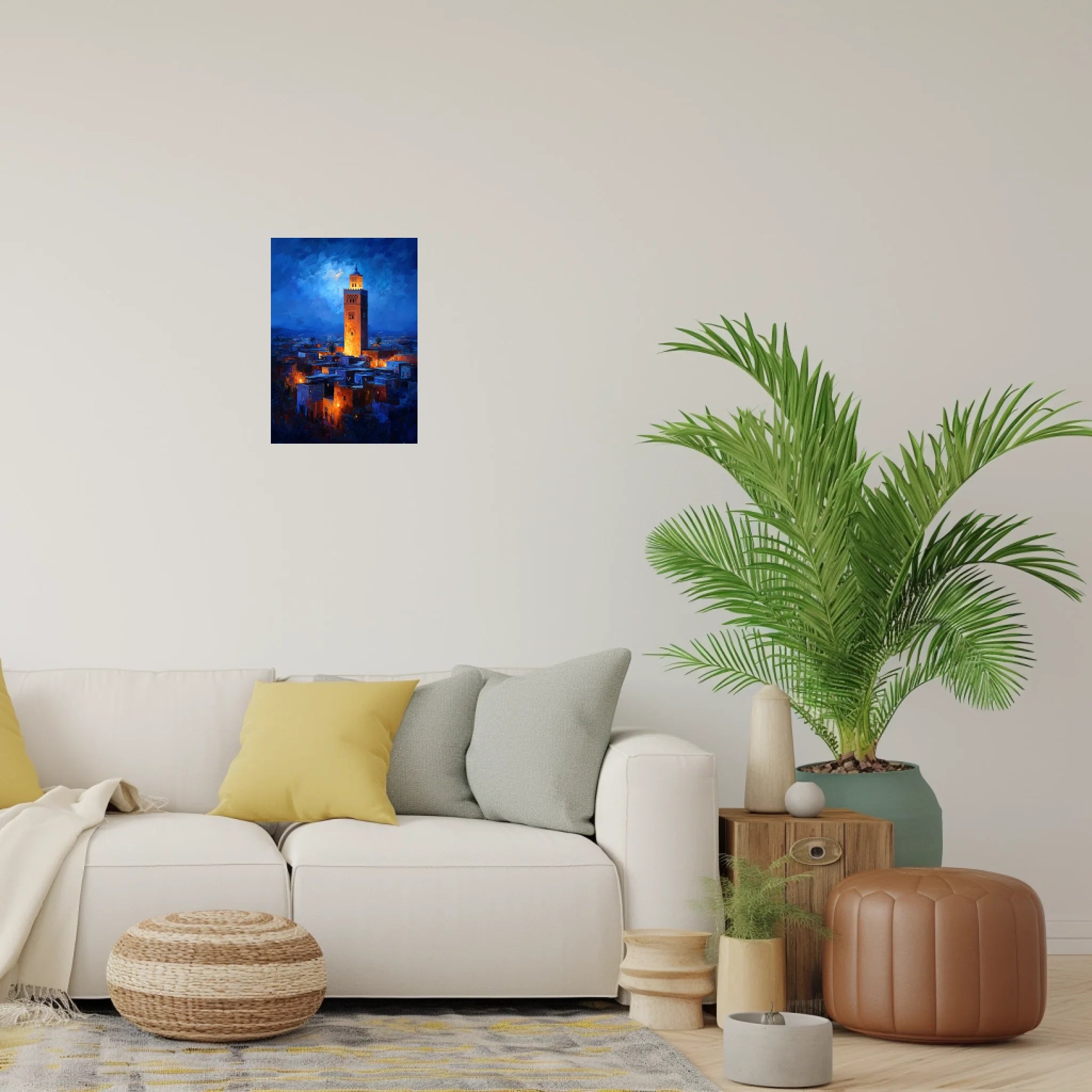Modern, aesthetic living room setting featuring framed poster art, size A3 (42x29.7 cm), mounted above a sofa with natural decor elements