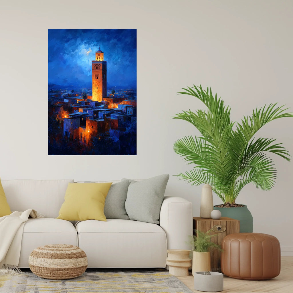 Modern, aesthetic living room setting featuring framed poster art, size 100x70 cm, mounted above a sofa with natural decor elements