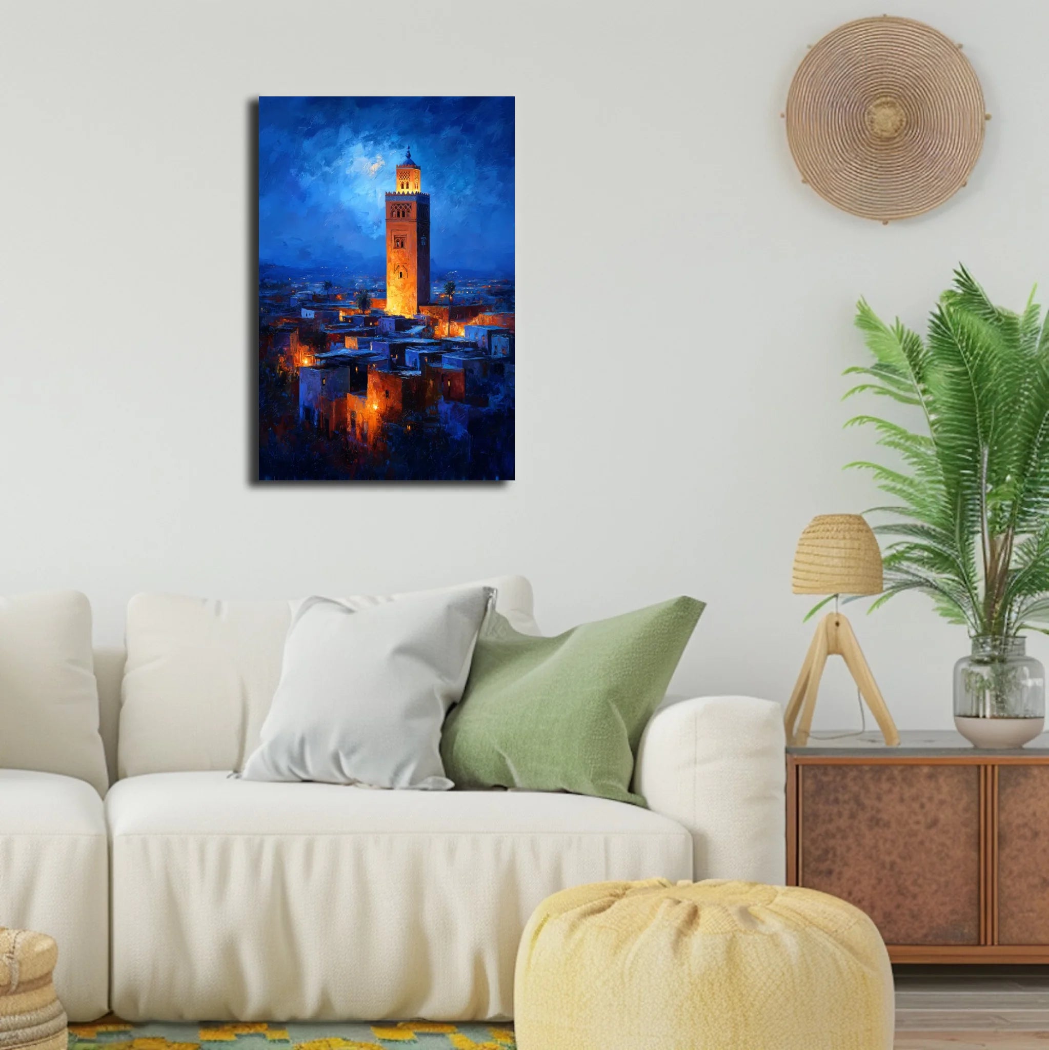 Modern, aesthetic living room setting featuring canvas art, size 60x90 cm, mounted above a sofa with natural decor elements