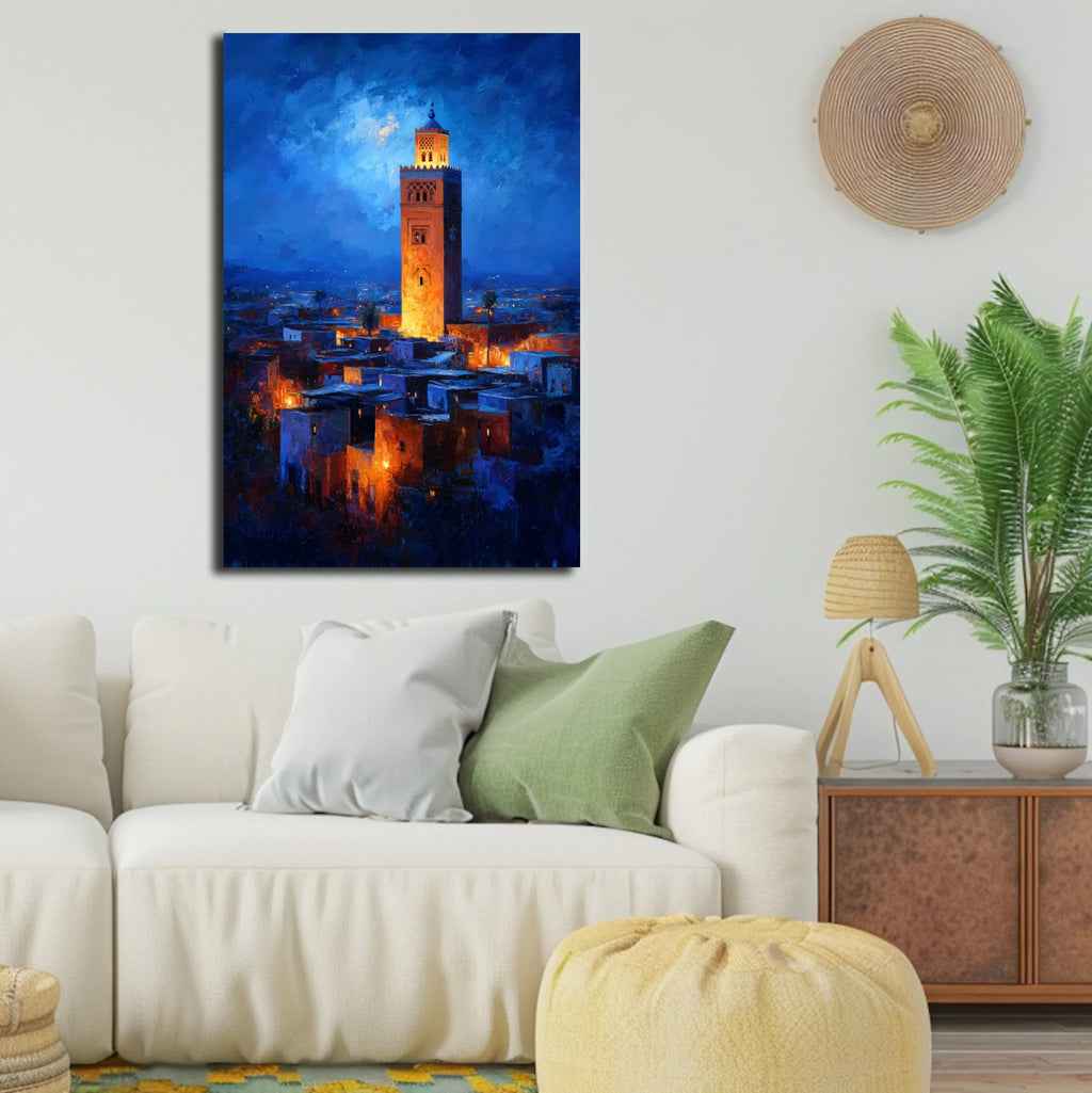Modern, aesthetic living room setting featuring canvas art, size 80x120 cm, mounted above a sofa with natural decor elements
