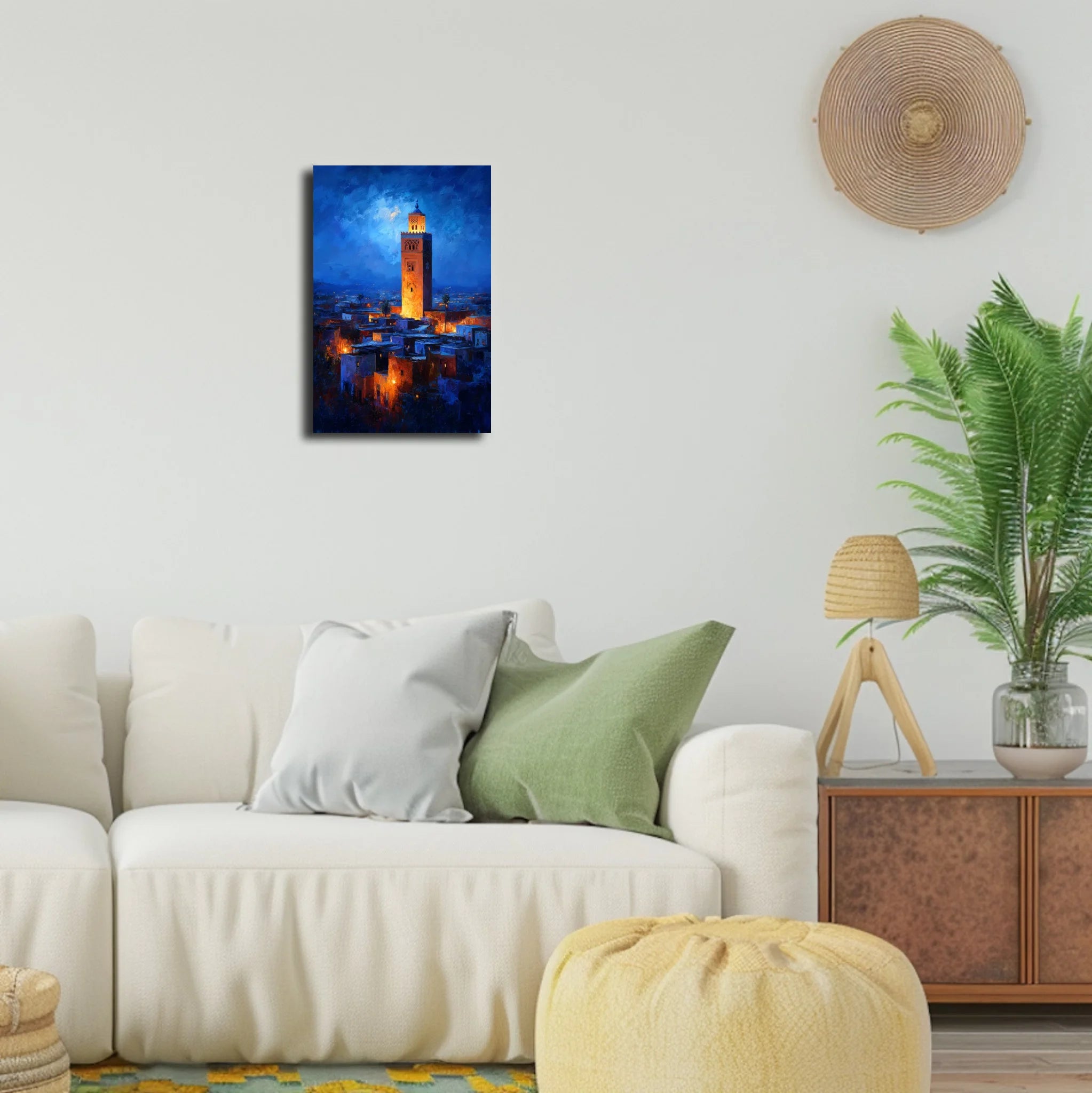 Modern, aesthetic living room setting featuring canvas art, size 40x60 cm, mounted above a sofa with natural decor elements