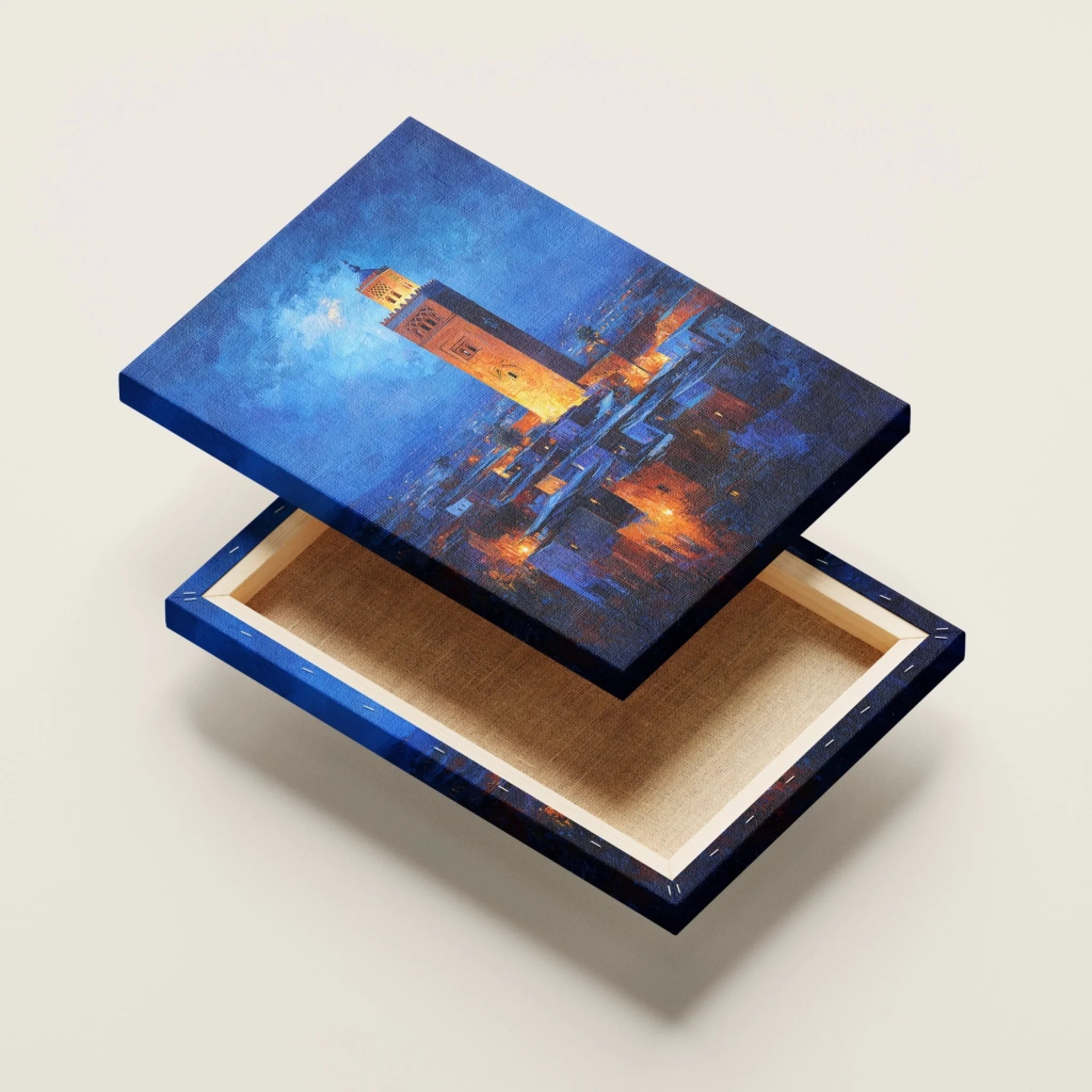 Product detail view of the Marrakech canvas construction, showing the stretched fabric, hidden wooden frame, and professional gallery wrap.