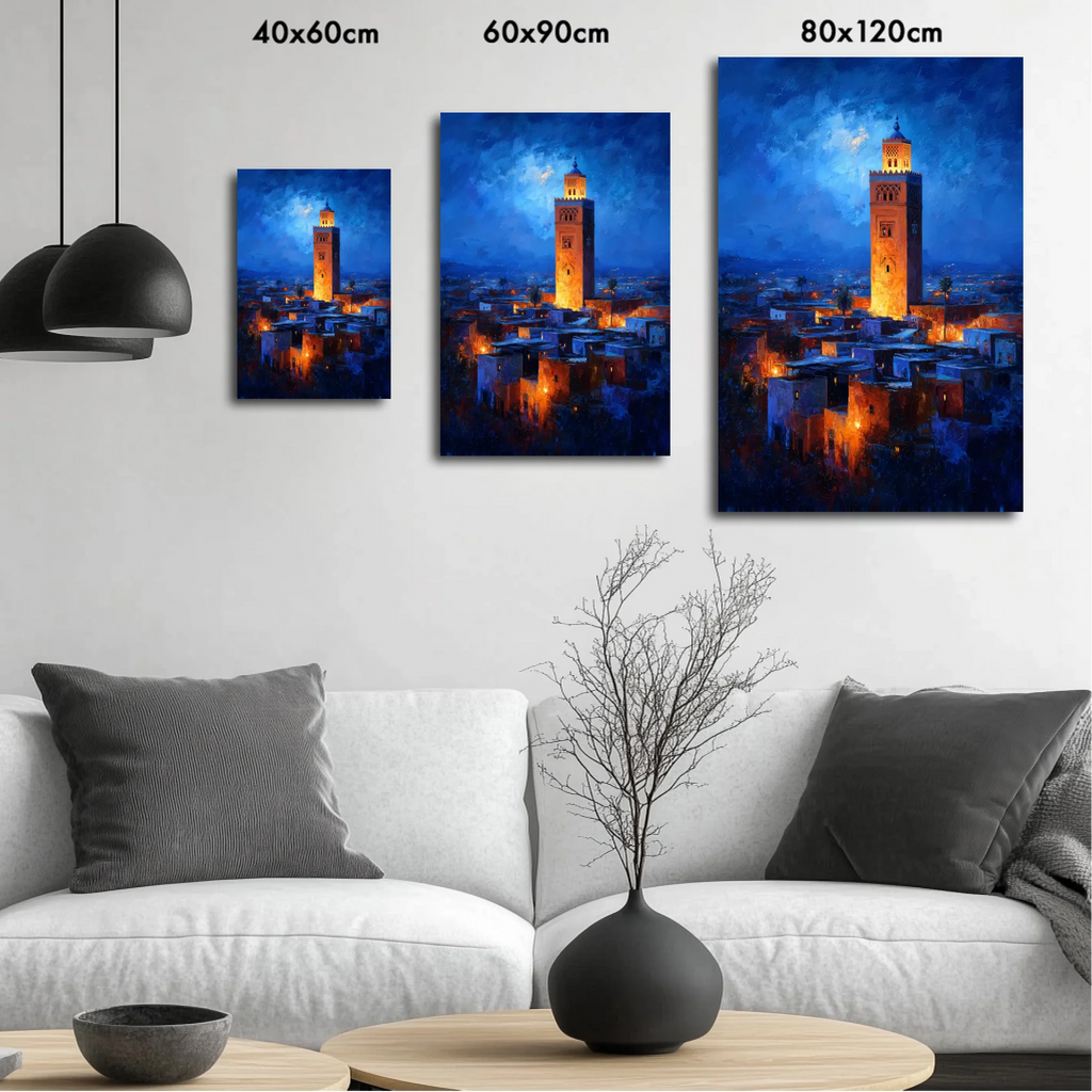 Bohemian size comparison guide for canvas art in 40x60, 60x90, and 80x120 cm. Displayed above a white sofa with natural wood, rattan, and plant accents, emphasizing a light, aesthetic decor