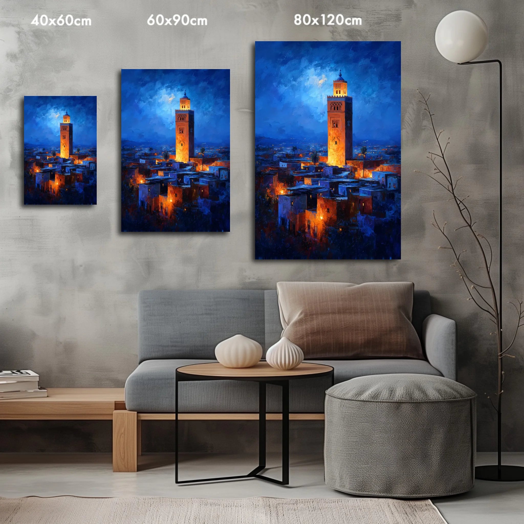 Minimalist size comparison guide for canvas art in 40x60, 60x90, and 80x120 cm. Displayed against a concrete wall above a grey sofa, emphasizing modern industrial decor
