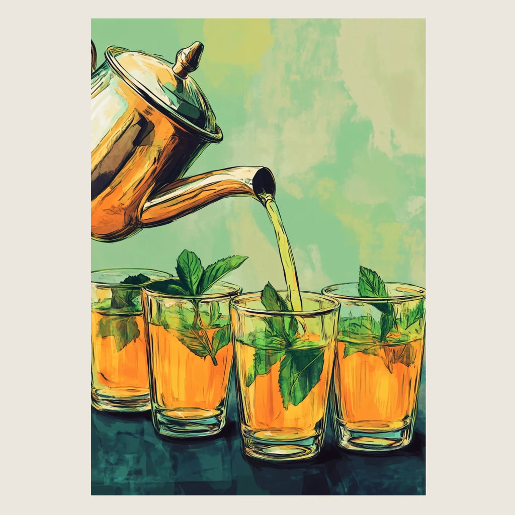 Isolated, high-resolution poster print mockup of Moroccan tea on a minimalist grid background.