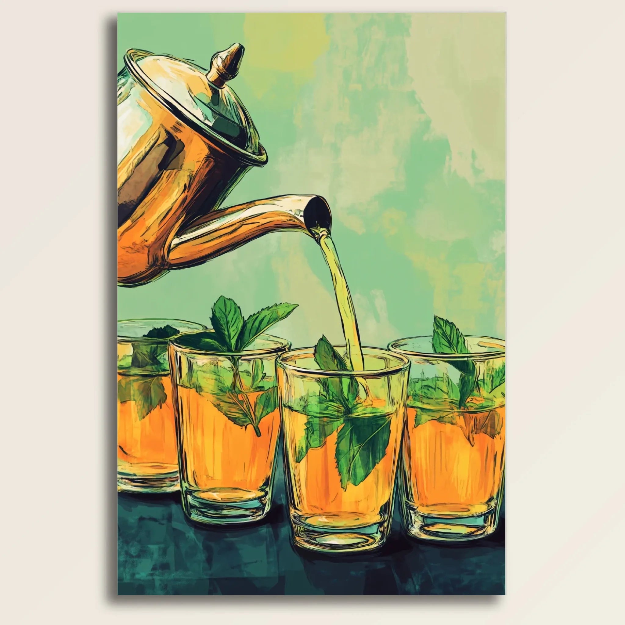 Isolated, high-resolution canvas print mockup of Moroccan tea on a minimalist grid background.