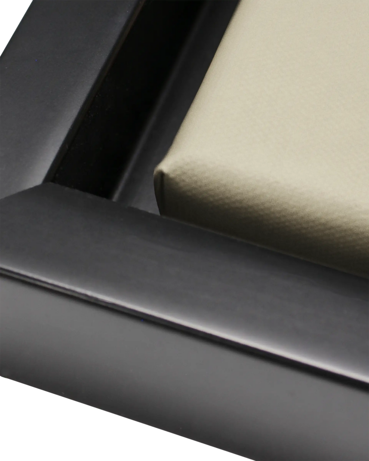 Close-up craftsmanship detail of the floating wood frame for Zellige – Emerald Chevron
