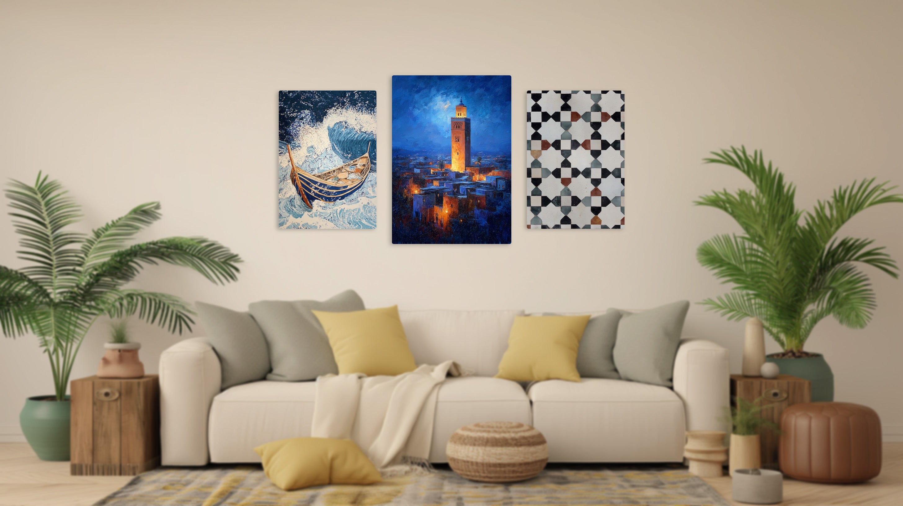 Living room with a beige sofa, decorative pillows, and wall art depicting a moroccan city (marrakech) and abstract zellige patterns.